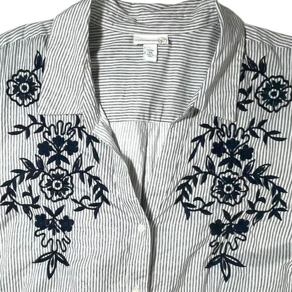 Westport 1962 Embroidered Striped Button Down Blouse Sz 3X - Picture 2 of 12